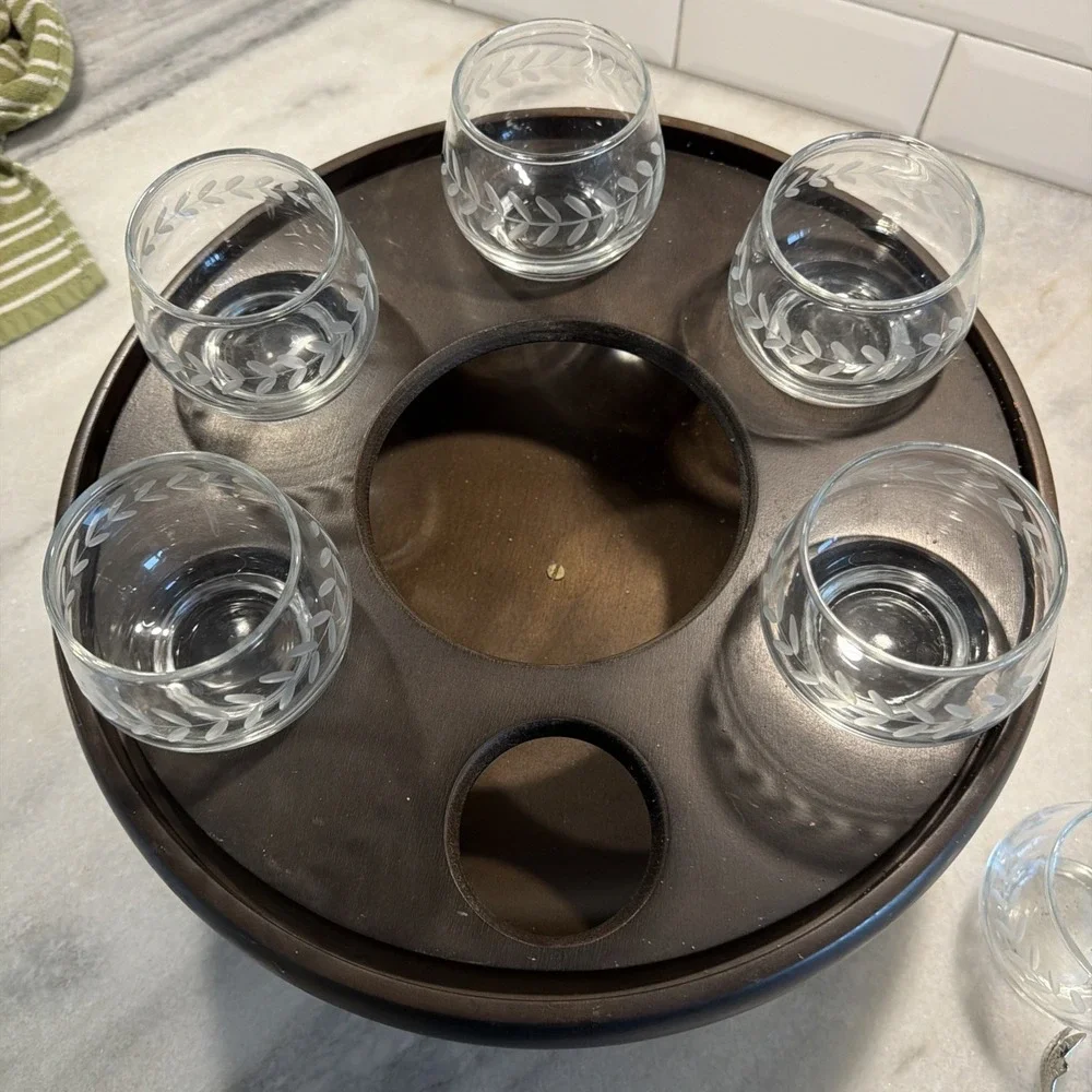 Vintage Unique Wood Lazy Susan Bar  Ice/glasses Holder 0021